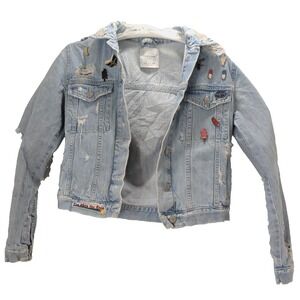 ZARA Trafaluc Distressed Denim Jacket Medium Cropped Light Wash Pins Y2K